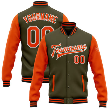 Custom Olive Orange-Black Bomber Full-Snap Varsity Letterman Two Tone Salute To Service Jacket
