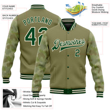Load image into Gallery viewer, Custom Olive Green-Cream Camo Sleeves 3D Pattern Design Bomber Full-Snap Varsity Letterman Salute To Service Jacket
