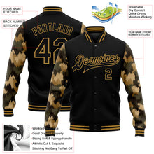 Load image into Gallery viewer, Custom Black Old Gold Camo Sleeves 3D Pattern Design Bomber Full-Snap Varsity Letterman Jacket
