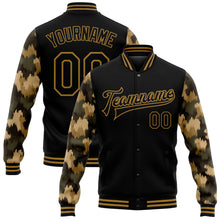 Load image into Gallery viewer, Custom Black Old Gold Camo Sleeves 3D Pattern Design Bomber Full-Snap Varsity Letterman Jacket
