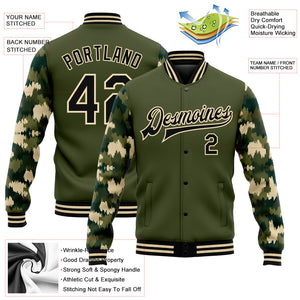 Custom Olive Black-Cream Camo Sleeves 3D Pattern Design Bomber Full-Snap Varsity Letterman Salute To Service Jacket