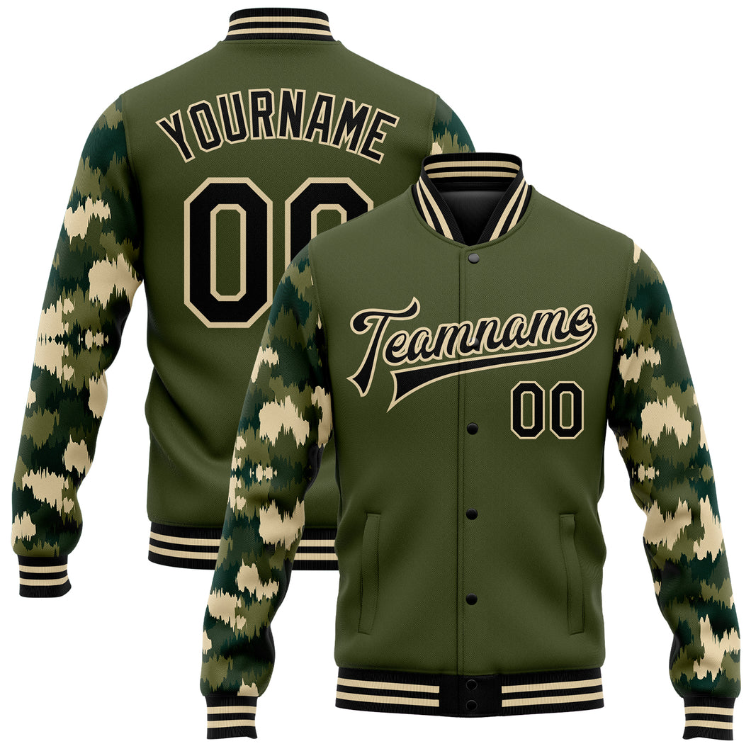 Custom Olive Black-Cream Camo Sleeves 3D Pattern Design Bomber Full-Snap Varsity Letterman Salute To Service Jacket