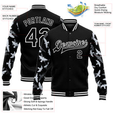 Load image into Gallery viewer, Custom Black White Flying Bird Sleeves 3D Pattern Design Bomber Full-Snap Varsity Letterman Jacket
