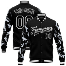 Load image into Gallery viewer, Custom Black White Flying Bird Sleeves 3D Pattern Design Bomber Full-Snap Varsity Letterman Jacket
