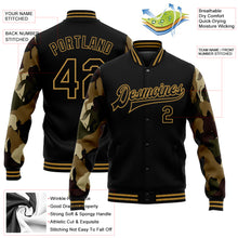 Load image into Gallery viewer, Custom Black Old Gold Horse Camo Sleeves 3D Pattern Design Bomber Full-Snap Varsity Letterman Jacket
