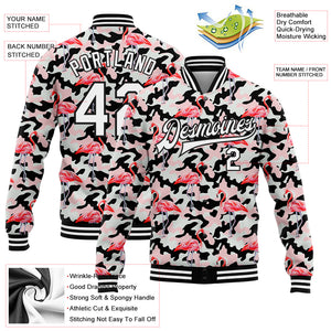 Custom Camo White-Black Flamingo 3D Pattern Design Bomber Full-Snap Varsity Letterman Salute To Service Jacket