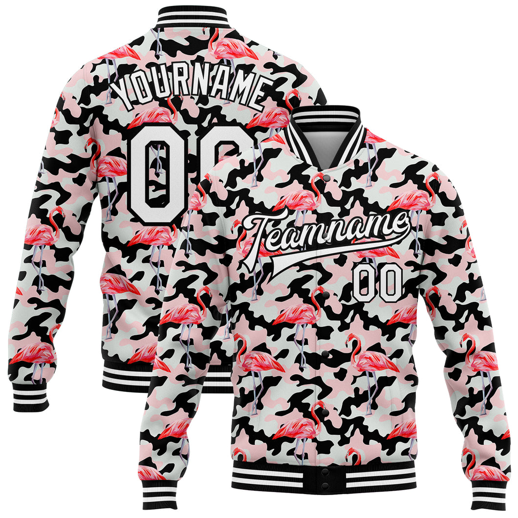 Custom Camo White-Black Flamingo 3D Pattern Design Bomber Full-Snap Varsity Letterman Salute To Service Jacket