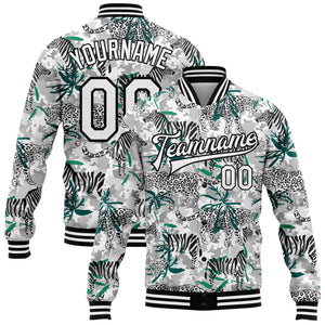 Custom Camo White-Black Tropical Jungle Animal 3D Pattern Design Bomber Full-Snap Varsity Letterman Salute To Service Jacket