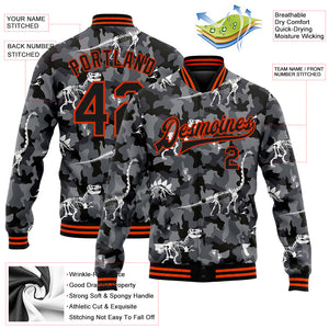 Custom Camo Black-Orange Dinosaur 3D Pattern Design Bomber Full-Snap Varsity Letterman Salute To Service Jacket