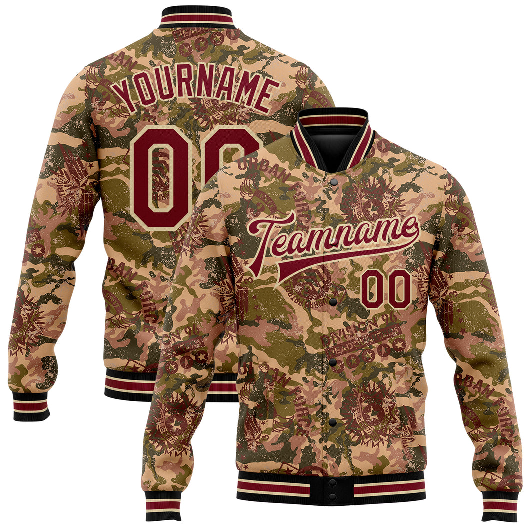 Custom Camo Crimson City Cream-Black Military Badge 3D Pattern Design Bomber Full-Snap Varsity Letterman Salute To Service Jacket