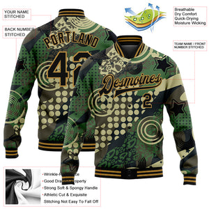 Custom Camo Black-Old Gold Dots And Geometric Figures 3D Pattern Design Bomber Full-Snap Varsity Letterman Salute To Service Jacket