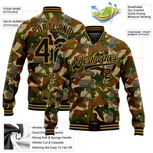 Custom Camo Black-Old Gold Graffiti Drips 3D Pattern Design Bomber Full-Snap Varsity Letterman Salute To Service Jacket