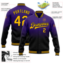 Load image into Gallery viewer, Custom Purple Gold-Black Bomber Full-Snap Varsity Letterman Fade Fashion Jacket
