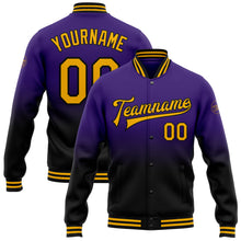 Load image into Gallery viewer, Custom Purple Gold-Black Bomber Full-Snap Varsity Letterman Fade Fashion Jacket
