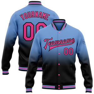 Custom Light Blue Pink-Black Bomber Full-Snap Varsity Letterman Fade Fashion Jacket