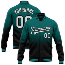 Load image into Gallery viewer, Custom Teal White-Black Bomber Full-Snap Varsity Letterman Fade Fashion Jacket
