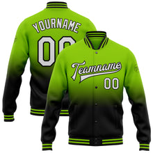 Load image into Gallery viewer, Custom Neon Green White-Black Bomber Full-Snap Varsity Letterman Fade Fashion Jacket
