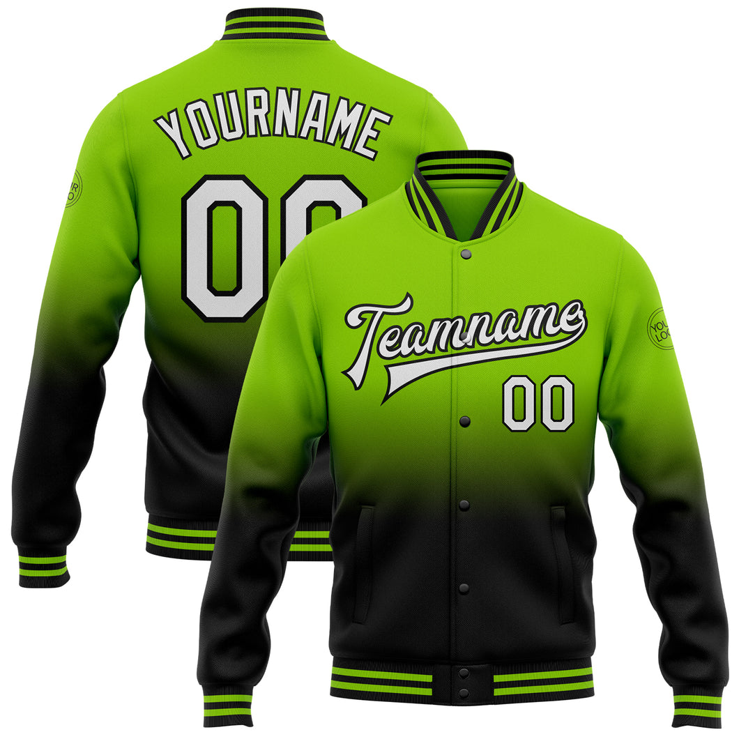 Custom Neon Green White-Black Bomber Full-Snap Varsity Letterman Fade Fashion Jacket