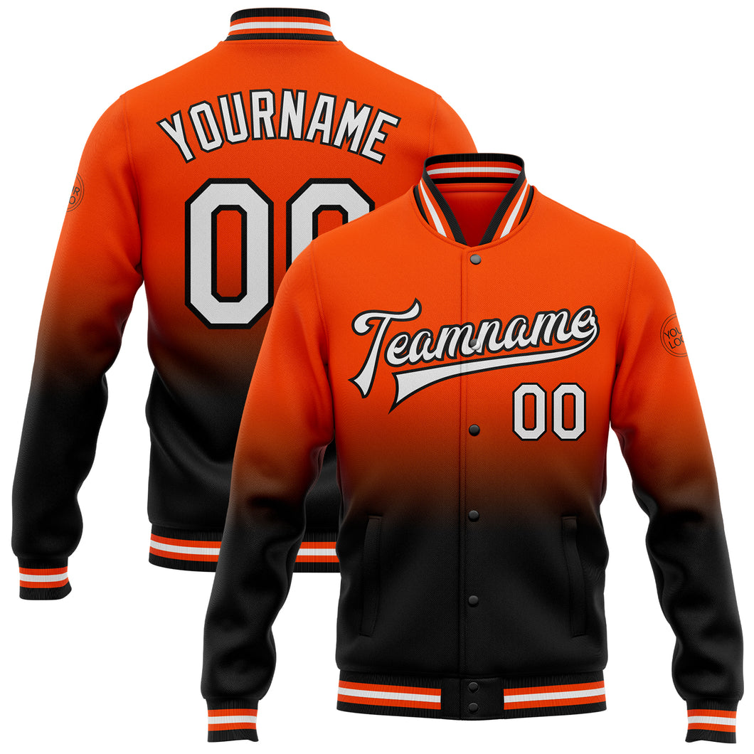 Custom Orange White-Black Bomber Full-Snap Varsity Letterman Fade Fashion Jacket