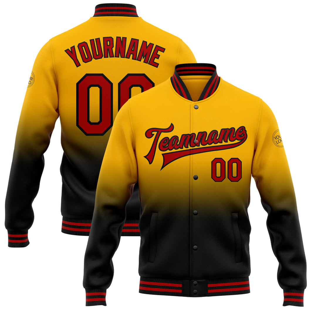 Custom Gold Red-Black Bomber Full-Snap Varsity Letterman Fade Fashion Jacket