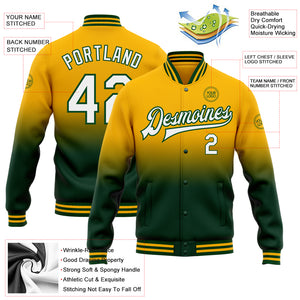 Custom Gold White-Green Bomber Full-Snap Varsity Letterman Fade Fashion Jacket