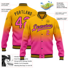 Load image into Gallery viewer, Custom Gold Pink-Black Bomber Full-Snap Varsity Letterman Fade Fashion Jacket
