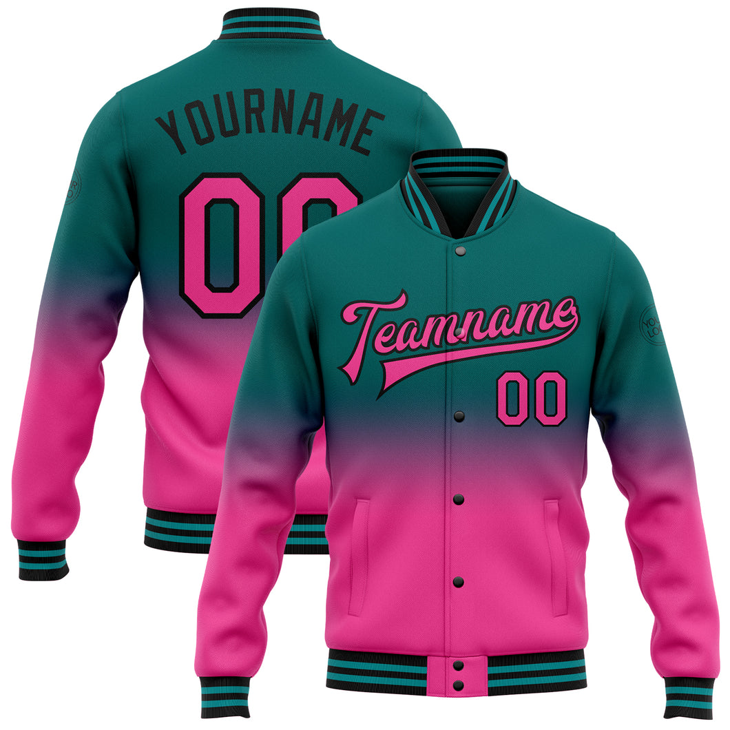 Custom Teal Pink-Black Bomber Full-Snap Varsity Letterman Fade Fashion Jacket