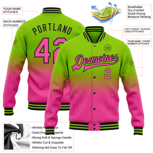 Custom Neon Green Pink-Black Bomber Full-Snap Varsity Letterman Fade Fashion Jacket