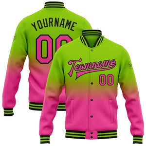 Custom Neon Green Pink-Black Bomber Full-Snap Varsity Letterman Fade Fashion Jacket