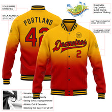 Load image into Gallery viewer, Custom Gold Red-Black Bomber Full-Snap Varsity Letterman Fade Fashion Jacket
