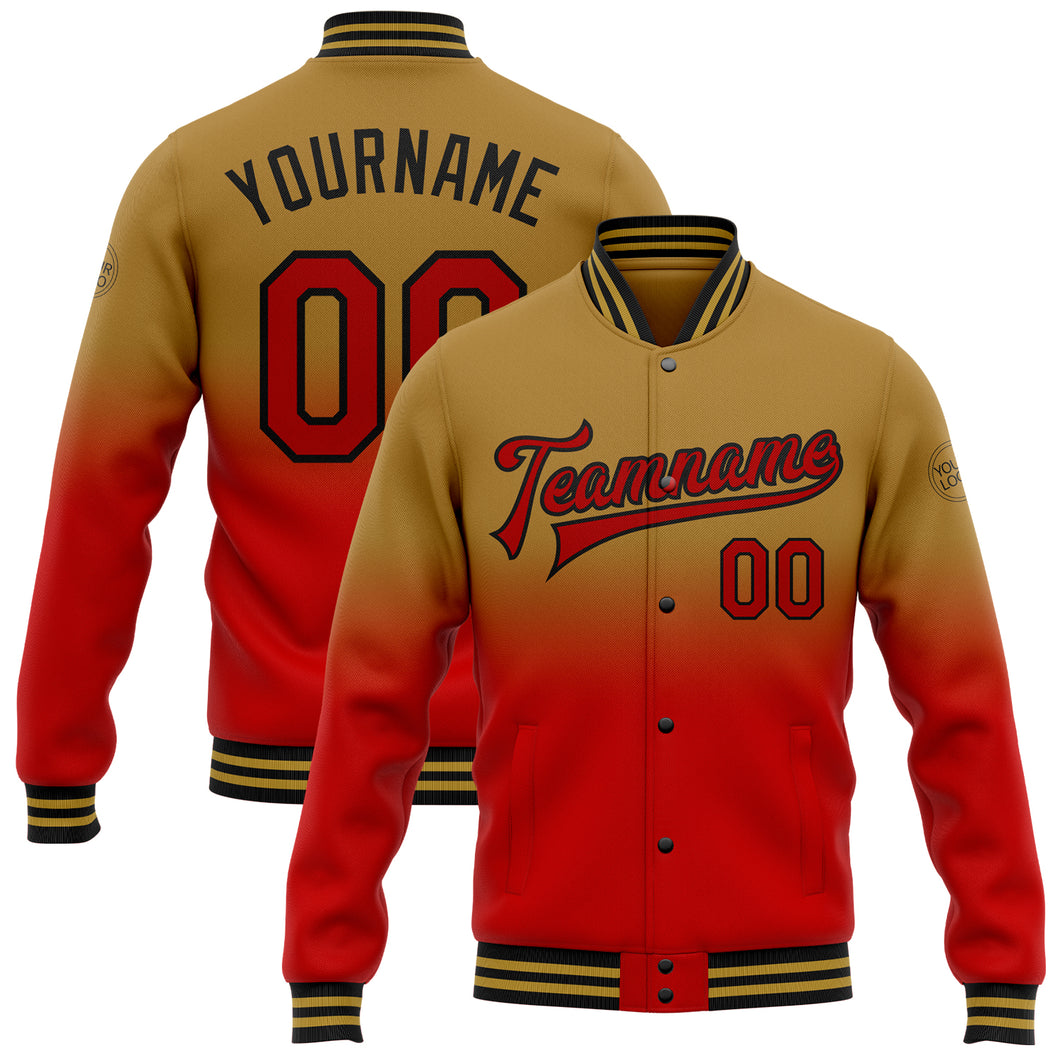 Custom Old Gold Red-Black Bomber Full-Snap Varsity Letterman Fade Fashion Jacket