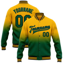 Load image into Gallery viewer, Custom Gold Kelly Green-Black Bomber Full-Snap Varsity Letterman Fade Fashion Jacket
