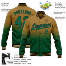 Load image into Gallery viewer, Custom Old Gold Kelly Green-Black Bomber Full-Snap Varsity Letterman Fade Fashion Jacket
