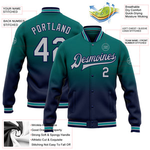 Custom Teal Gray-Navy Bomber Full-Snap Varsity Letterman Fade Fashion Jacket