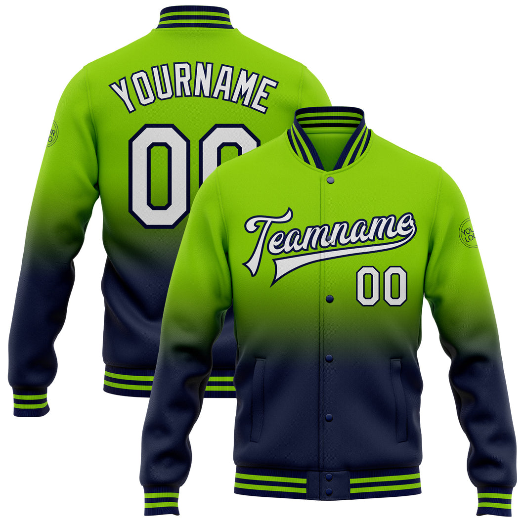 Custom Neon Green White-Navy Bomber Full-Snap Varsity Letterman Fade Fashion Jacket