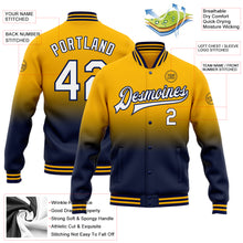 Load image into Gallery viewer, Custom Gold White-Navy Bomber Full-Snap Varsity Letterman Fade Fashion Jacket
