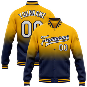 Custom Gold White-Navy Bomber Full-Snap Varsity Letterman Fade Fashion Jacket