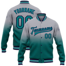 Load image into Gallery viewer, Custom Gray Teal-Navy Bomber Full-Snap Varsity Letterman Fade Fashion Jacket
