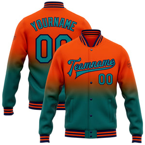 Custom Orange Teal-Navy Bomber Full-Snap Varsity Letterman Fade Fashion Jacket