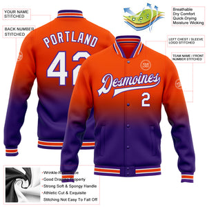 Custom Orange White-Purple Bomber Full-Snap Varsity Letterman Fade Fashion Jacket