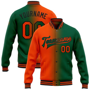 Custom Kelly Green Orange-Black Bomber Full-Snap Varsity Letterman Gradient Fashion Jacket