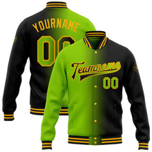 Load image into Gallery viewer, Custom Black Neon Green-Gold Bomber Full-Snap Varsity Letterman Gradient Fashion Jacket
