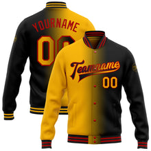 Load image into Gallery viewer, Custom Black Gold-Red Bomber Full-Snap Varsity Letterman Gradient Fashion Jacket
