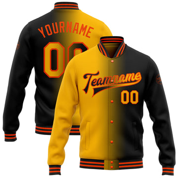 Custom Black Gold-Orange Bomber Full-Snap Varsity Letterman Gradient Fashion Jacket