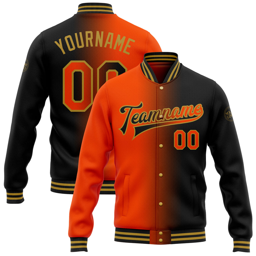 Custom Black Orange-Old Gold Bomber Full-Snap Varsity Letterman Gradient Fashion Jacket