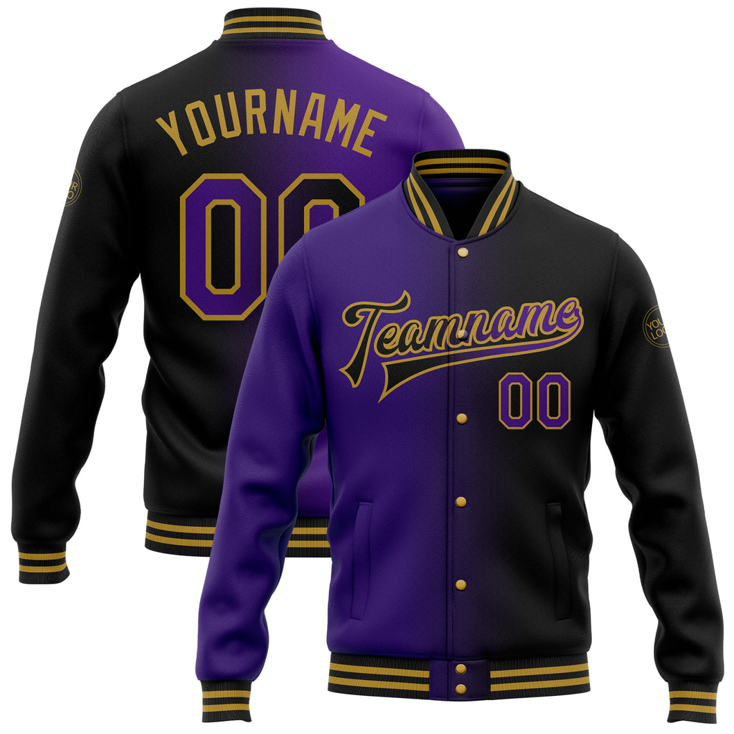 Custom Black Purple-Old Gold Bomber Full-Snap Varsity Letterman Gradient Fashion Jacket