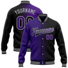 Load image into Gallery viewer, Custom Black Purple-Gray Bomber Full-Snap Varsity Letterman Gradient Fashion Jacket
