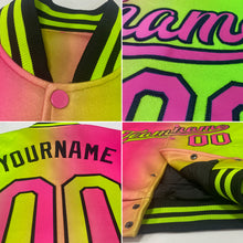 Load image into Gallery viewer, Custom Black Kelly Green-Pink Bomber Full-Snap Varsity Letterman Gradient Fashion Jacket

