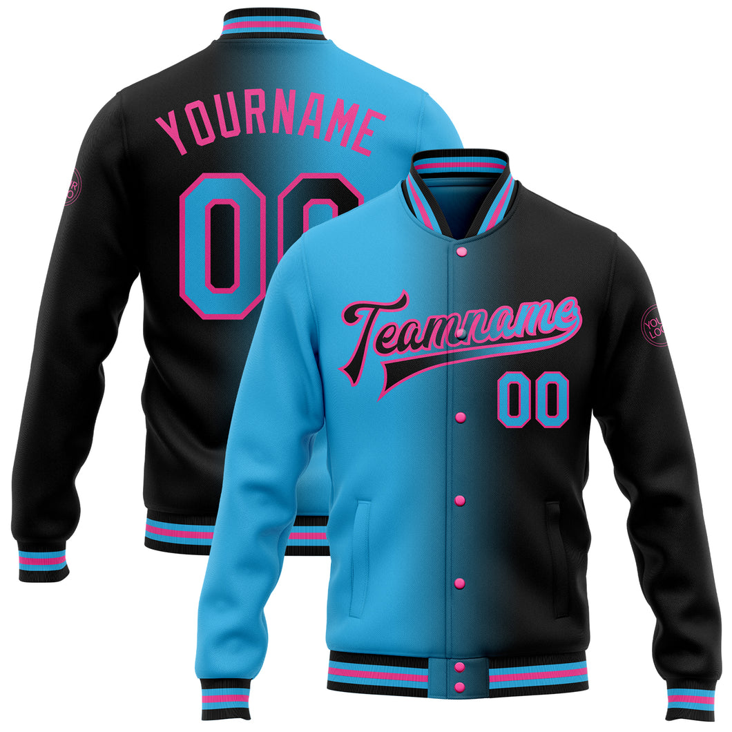 Custom Black Sky Blue-Pink Bomber Full-Snap Varsity Letterman Gradient Fashion Jacket
