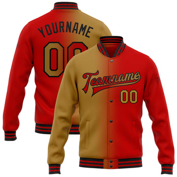 Custom Red Old Gold-Black Bomber Full-Snap Varsity Letterman Gradient Fashion Jacket